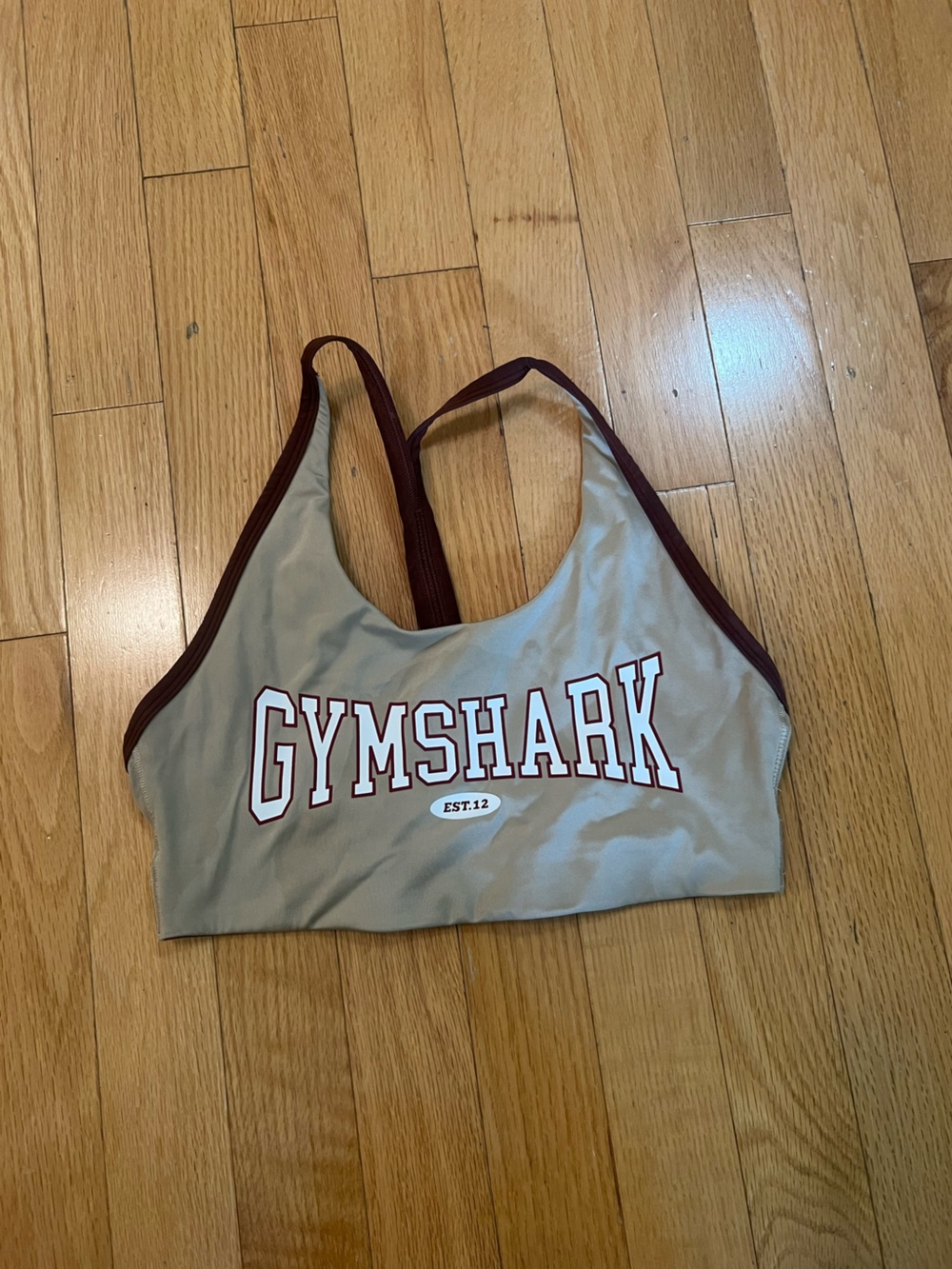 Gymshark Beige Sports Bra with Burgundy Trim and Logo